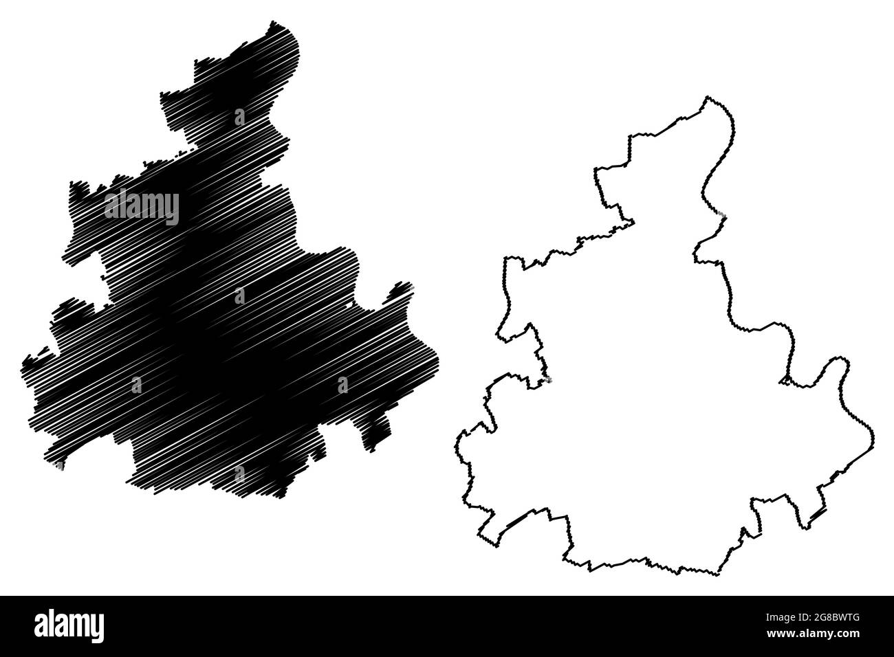 Rhein-Kreis Neuss (Bundesrepublik Deutschland, Land Nordrhein-Westfalen, NRW, Region Düsseldorf) Kartenvektordarstellung, Scribble sk Stock Vektor