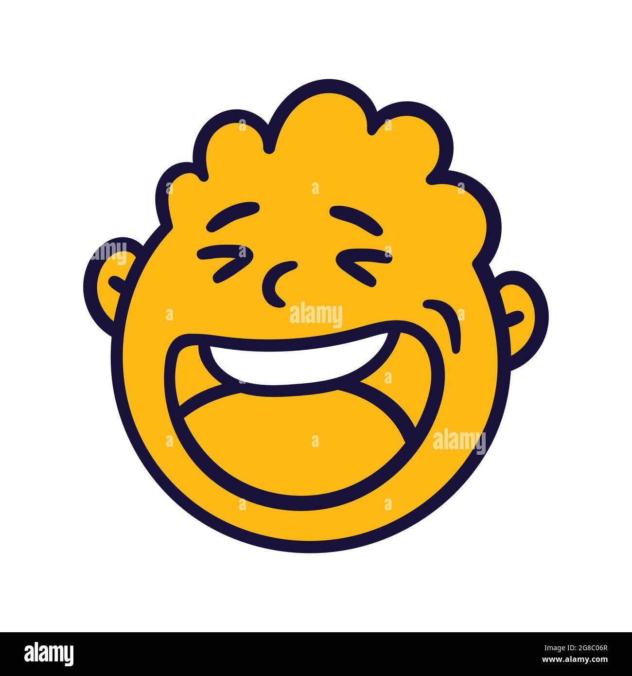 Rundes, abstraktes Gesicht mit fröhlichen Emotionen. Fröhlich lächelnder Emoji-Avatar. Porträt eines jubelenden Mannes. Cartoon-Stil. Vektor-Illustration mit flachem Design. Stock Vektor