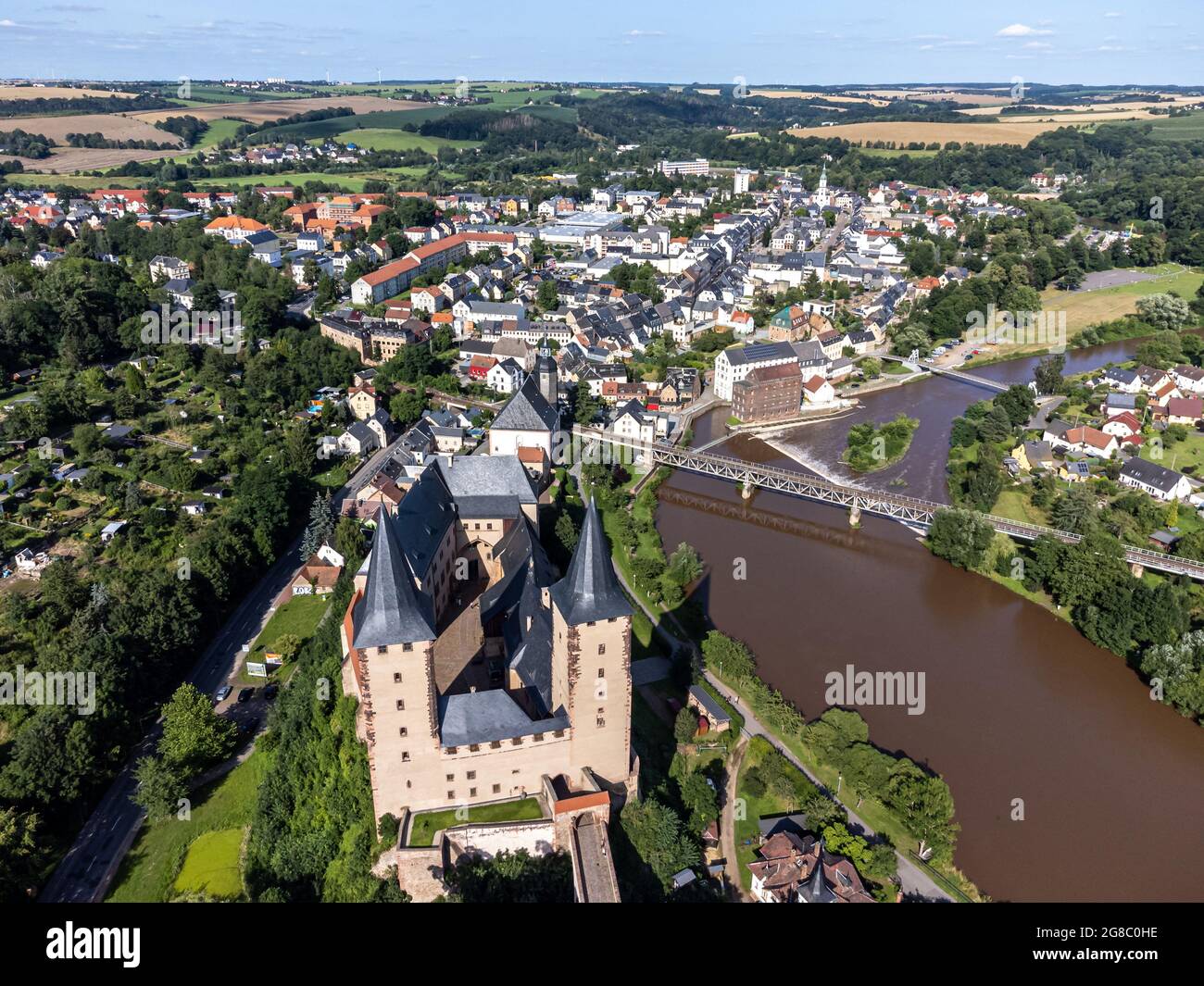 Luftaufnahmen der Stadt Rochlitz in Sachsen Stockfoto