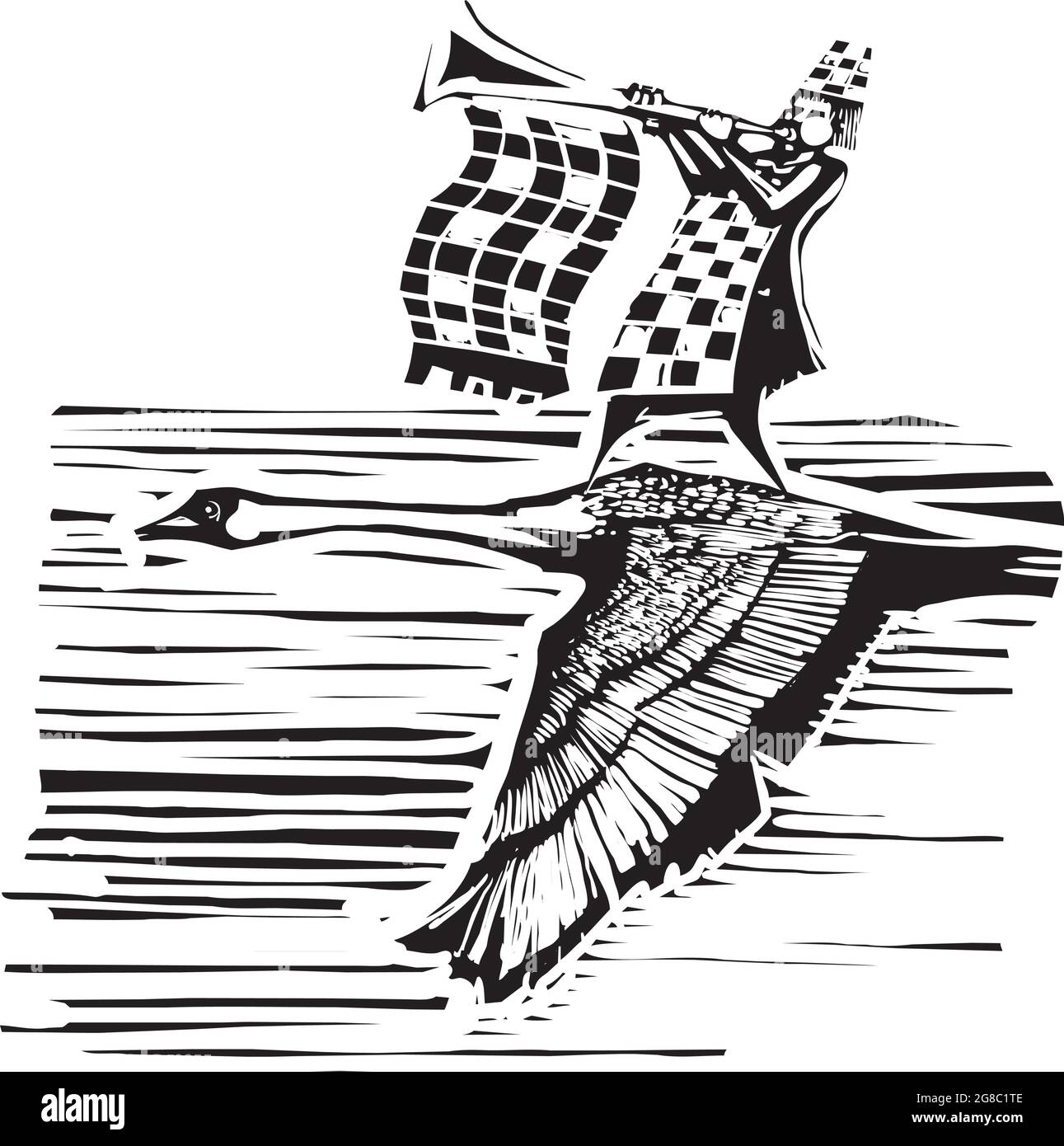 Swan im Flug mit einem Trompeter auf dem Rücken im expressionistischen Holzschnitt Stock Vektor