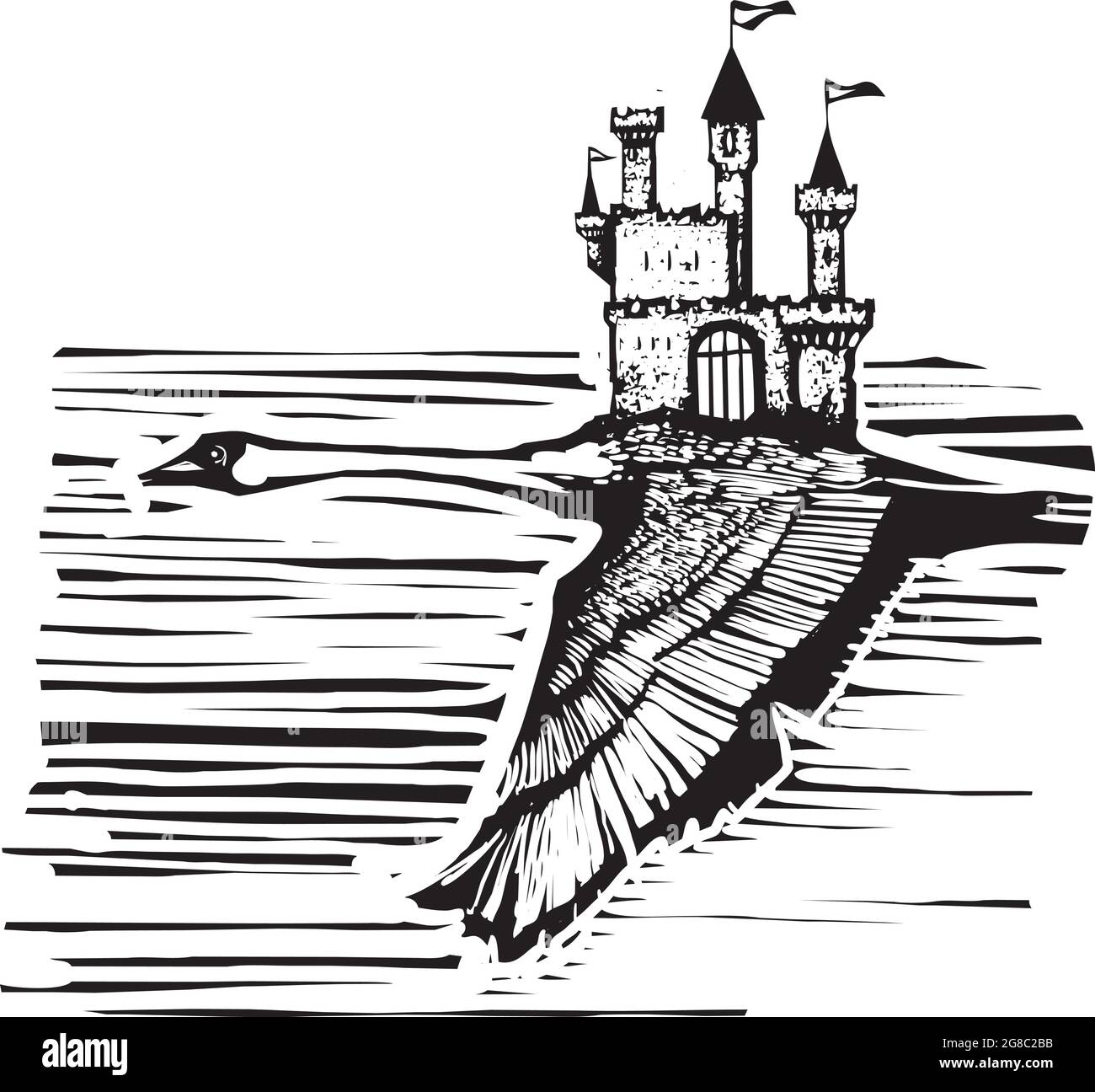 Swan im Flug mit einem Märchenschloss auf dem Rücken im expressionistischen Holzschnitt Stock Vektor