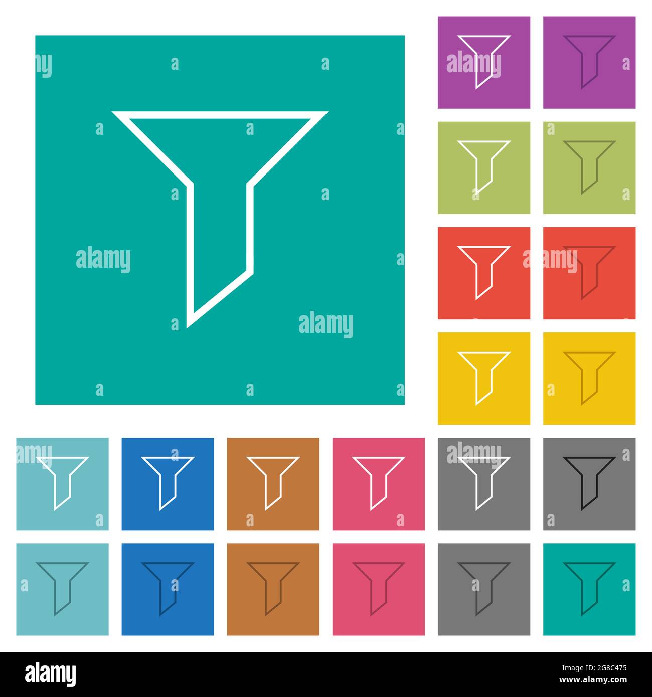 Filtert mehrfarbige flache Symbole auf einfachen quadratischen Hintergründen. Weiße und dunklere Symbolvarianten für schwebe- oder aktive Effekte. Stock Vektor