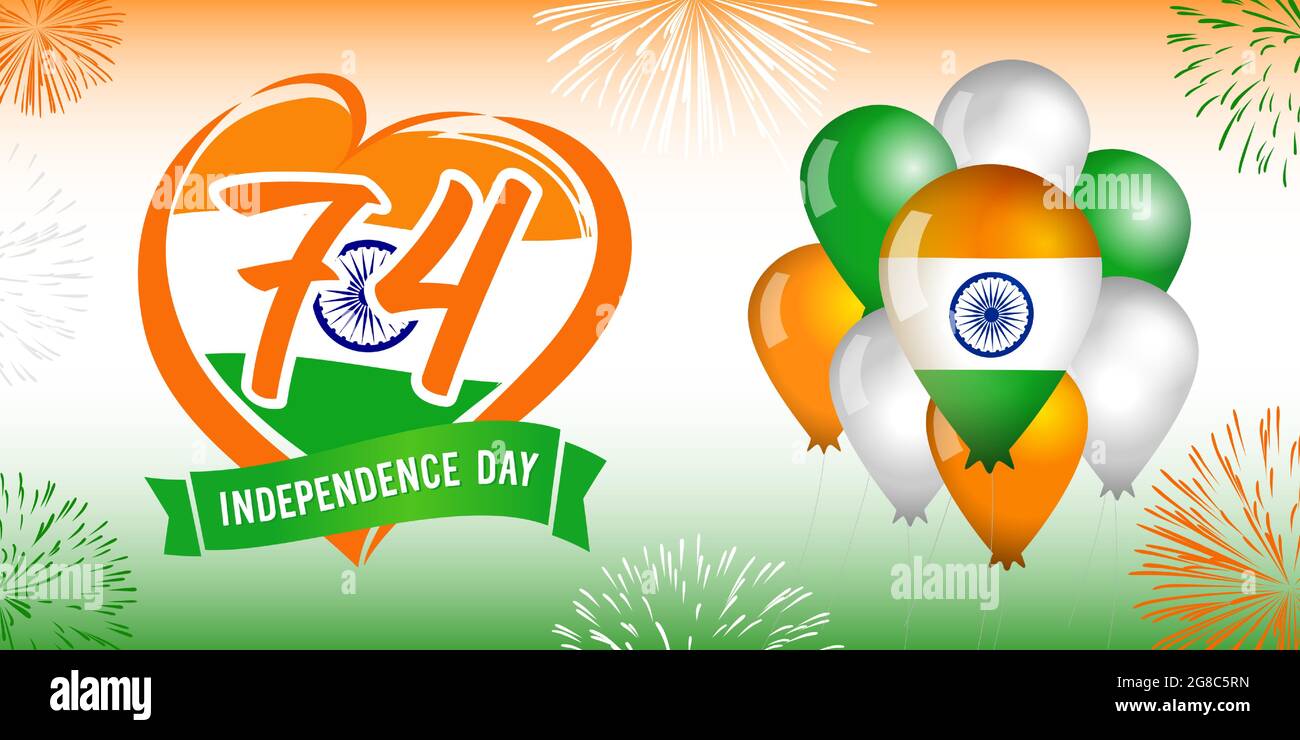 74 Jahre Jubiläum am 15. August Indien Unabhängigkeitstag, Feuerwerk und Luftballons. Happy Independence Day, Poster Design mit Love India Emblem. Vektor Stock Vektor