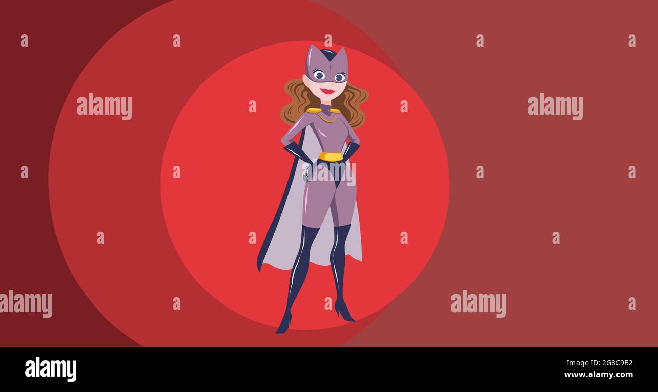 Zusammensetzung der weiblichen Superhelden auf rotem Hintergrund Stockfoto
