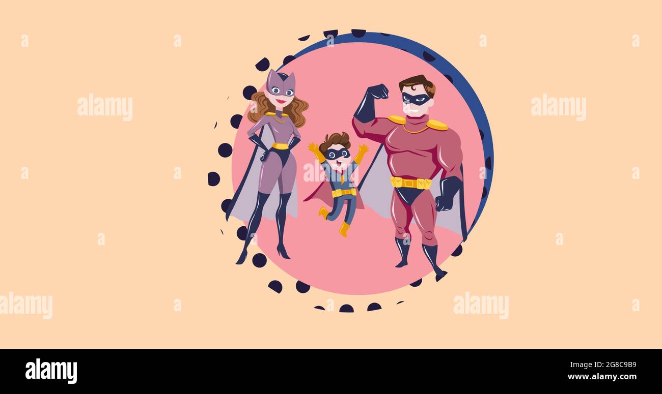 Zusammensetzung der Superhelden-Familie auf rosa Hintergrund Stockfoto