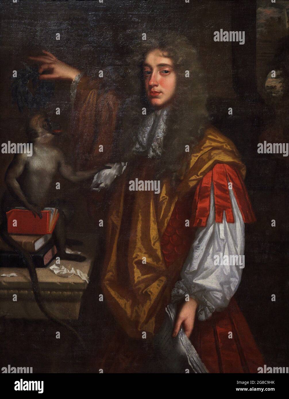 John Wilmot, 2. Earl of Rochester (1647-1680). Englischer Dichter. Portrait eines unbekannten Künstlers, der Wilmot auf einem Bücherhaufen mit Lorbeer krönt, bietet ihm der Affe ein Stück Papier mit zerfetzten Versen an. Satirischer Ton. Öl auf Leinwand (127 x 99,1 cm), ca. 1665-1670. National Portrait Gallery. London, England, Vereinigtes Königreich. Stockfoto