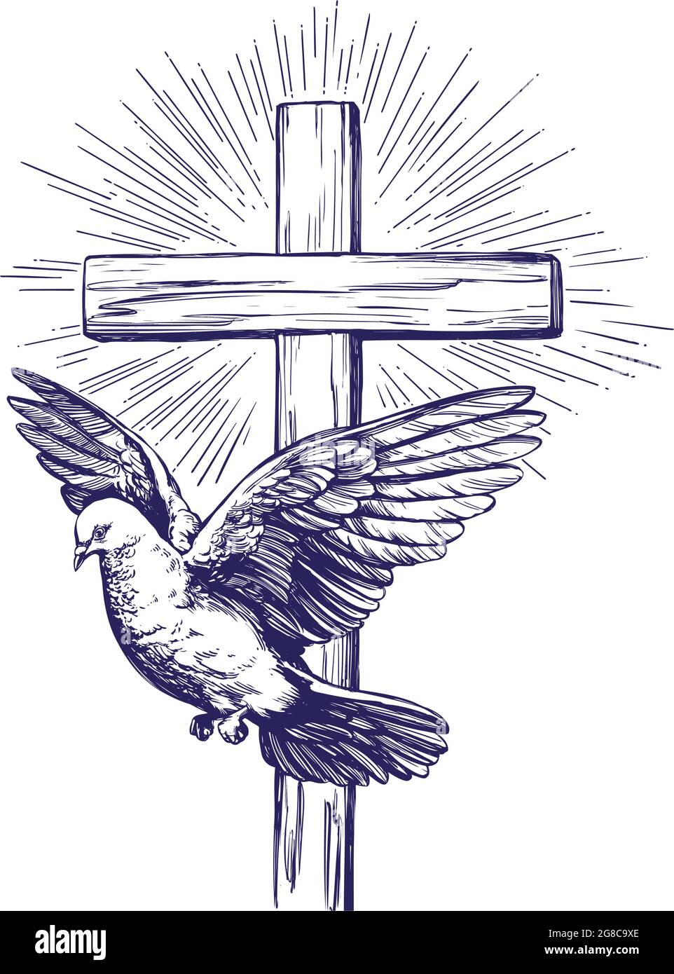 Frohe ostern, Kreuz und Taube, Ostern. Symbol des Christentums handgezeichnete Vektor-Illustration Skizze Stock Vektor