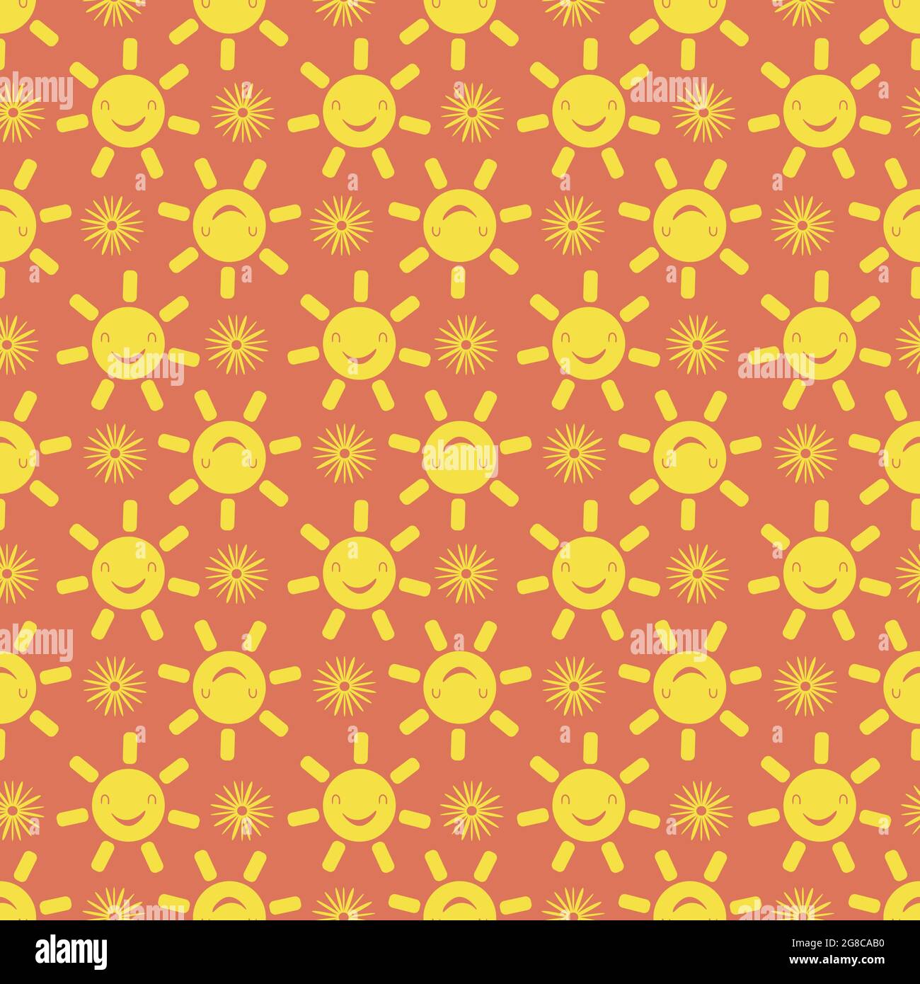 Nette Vektor lächelnd lachend kawaii Sonne und Blumen nahtlose Muster Hintergrund. Cartoon gelbes Wetter und florale Symbole gelb blau Hintergrund. Spaß Stock Vektor