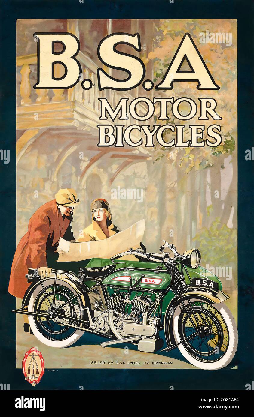 ALTES PLAKAT: B.S.A Motor Bicycles, herausgegeben von BSA Cycles Ltd. Birmingham. 1926. Mann und Frau mit Motorrad und Seitenwagen beim Betrachen einer Karte. Stockfoto