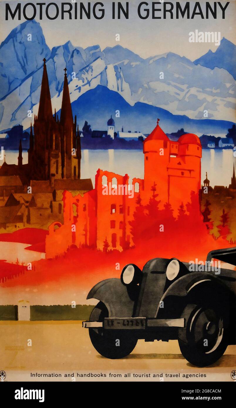 Vintage Travel Poster von Ludwig Hohlwein – Motoring in Germany – Classic Car Tours. 1920er Jahre. Stockfoto