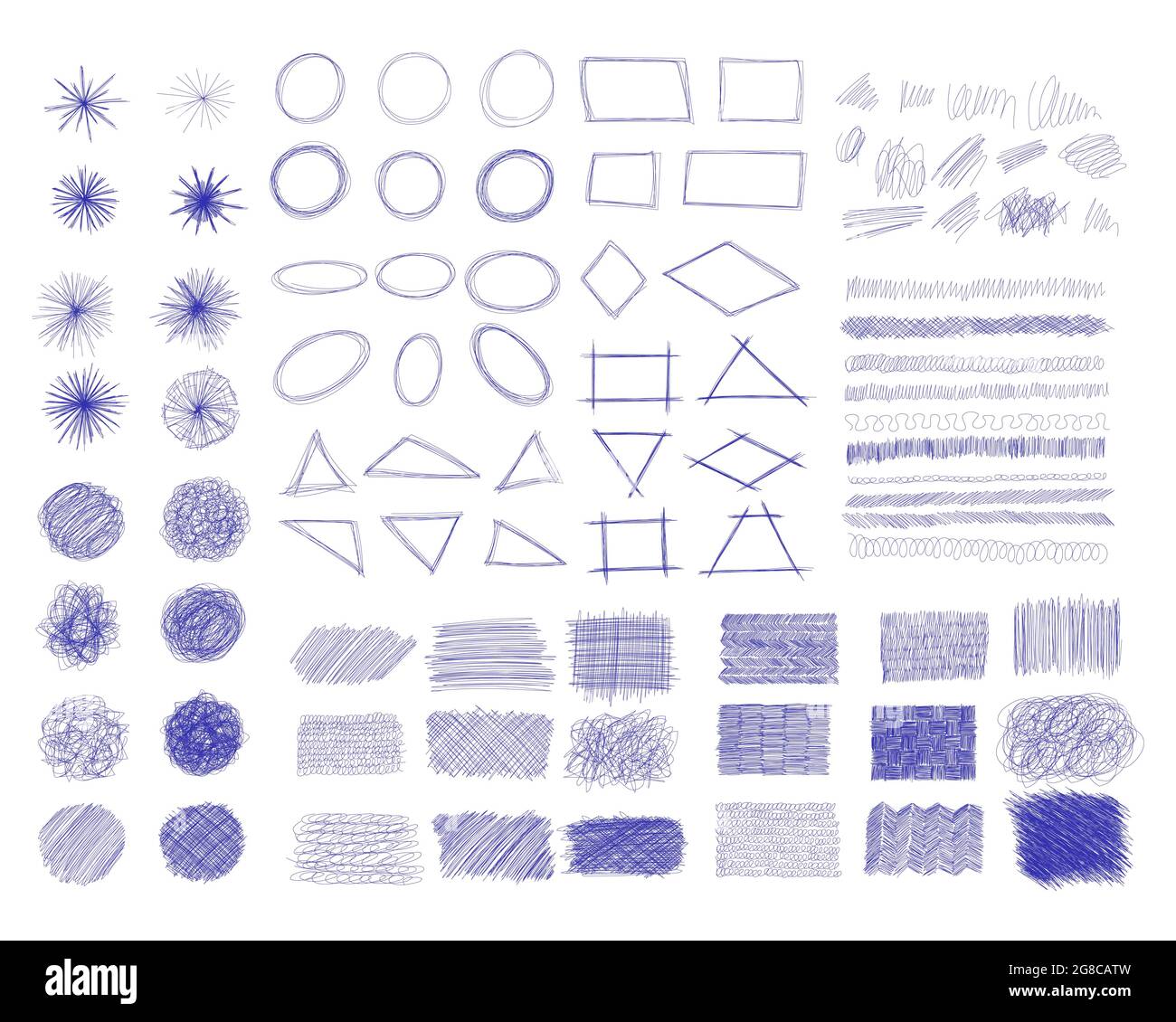 Tintenstift Scrawl Collection - verschiedene Formen von handgezeichneten Scribble Linie Zeichnungen. Stock Vektor