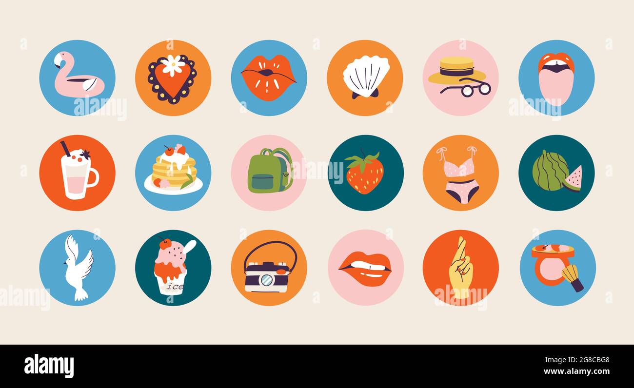 Vektor Setzen Sie Street-Food-Symbole für Social-Media-Geschichten oder Avatar-Vorlage. Junk-Food- oder Fast-Food-Abzeichen. Stock Vektor