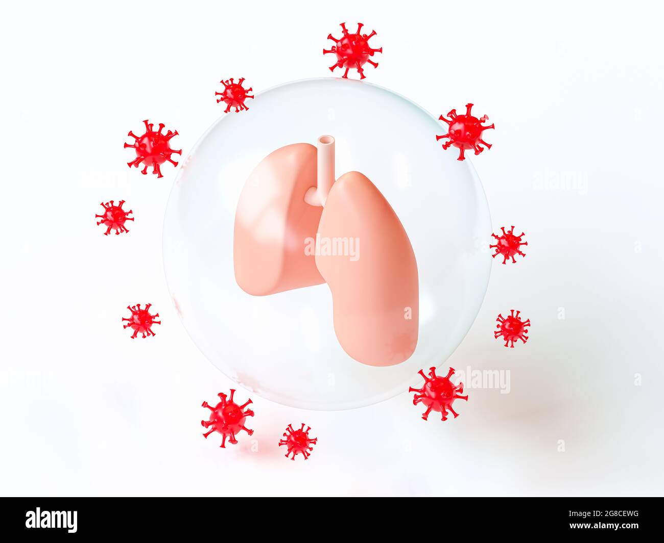 Menschliche Lungen, geschützt durch Schutz vor Virenangriffen, Thema einer Corona-Virus-Pandemie, 3d-Illustration, inspiriert durch flaches Design Stockfoto