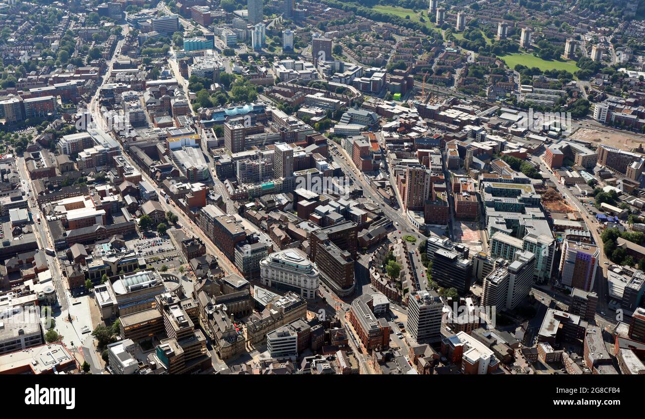 Luftaufnahme des Stadtzentrums von Sheffield von Nordosten nach Westen/Südwesten Stockfoto