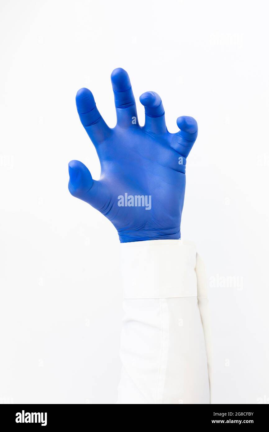 Hand in blauem Latex Handschuh packend. Kopierbereich, weißer Hintergrund Stockfoto