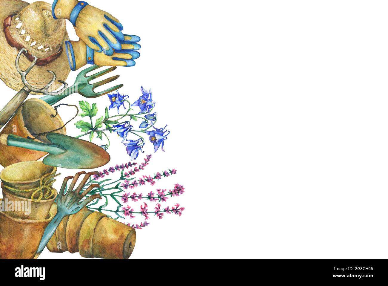 Grenze mit Gartengeräten, Sonnenhut, Handschuhen, Terrakotta-Pflanzentöpfen und Blumen. Schaufel, Rechen, Pitchfork. Aquarell handgezeichnetes Gemälde illustrati Stockfoto