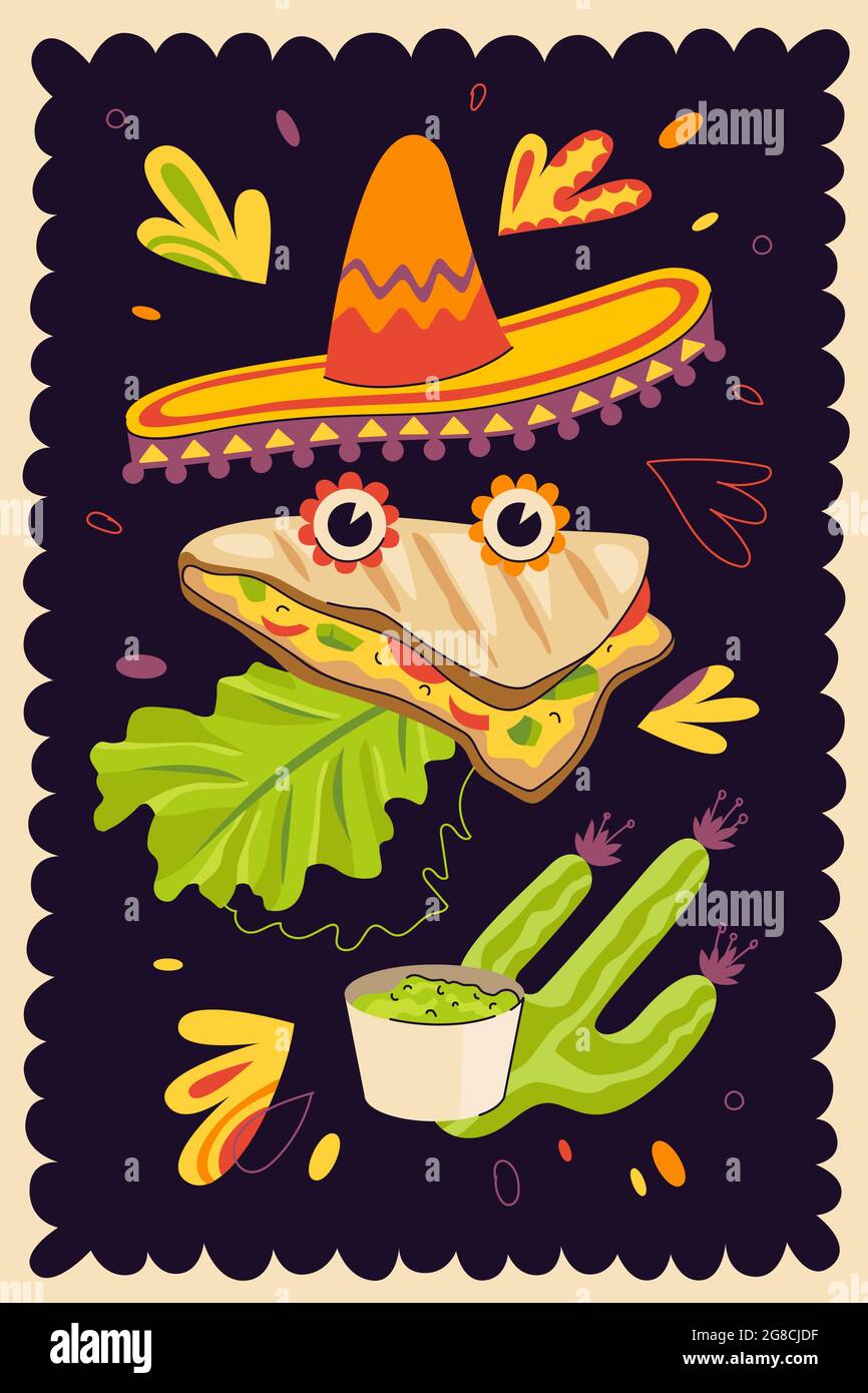 Mexikanisches Fastfood-Quesadilla Handgezeichnetes Poster für die Speisekarte von restaurants der mexikanischen Küche oder die Werbung für Restaurants. Traditionelles lateinamerikanisches Gericht Vektorbanner und Sombrero. Weizen- oder Maistortilla mit Käse Stock Vektor