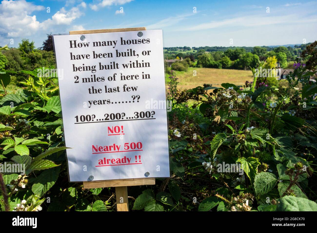 Ein Protestschild neben einem Land, das einem Planungsantrag unterliegt, im ländlichen England, Großbritannien Stockfoto