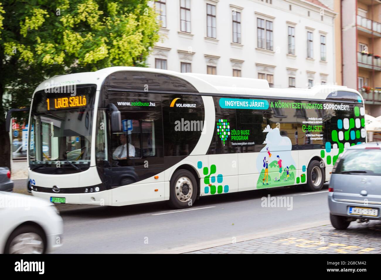 „A kornyezettudatos Sopronert“-Kampagne für die grüne Stadt, kostenlose Busfahrt mit einem Elektrobus, Sopron, Ungarn Stockfoto