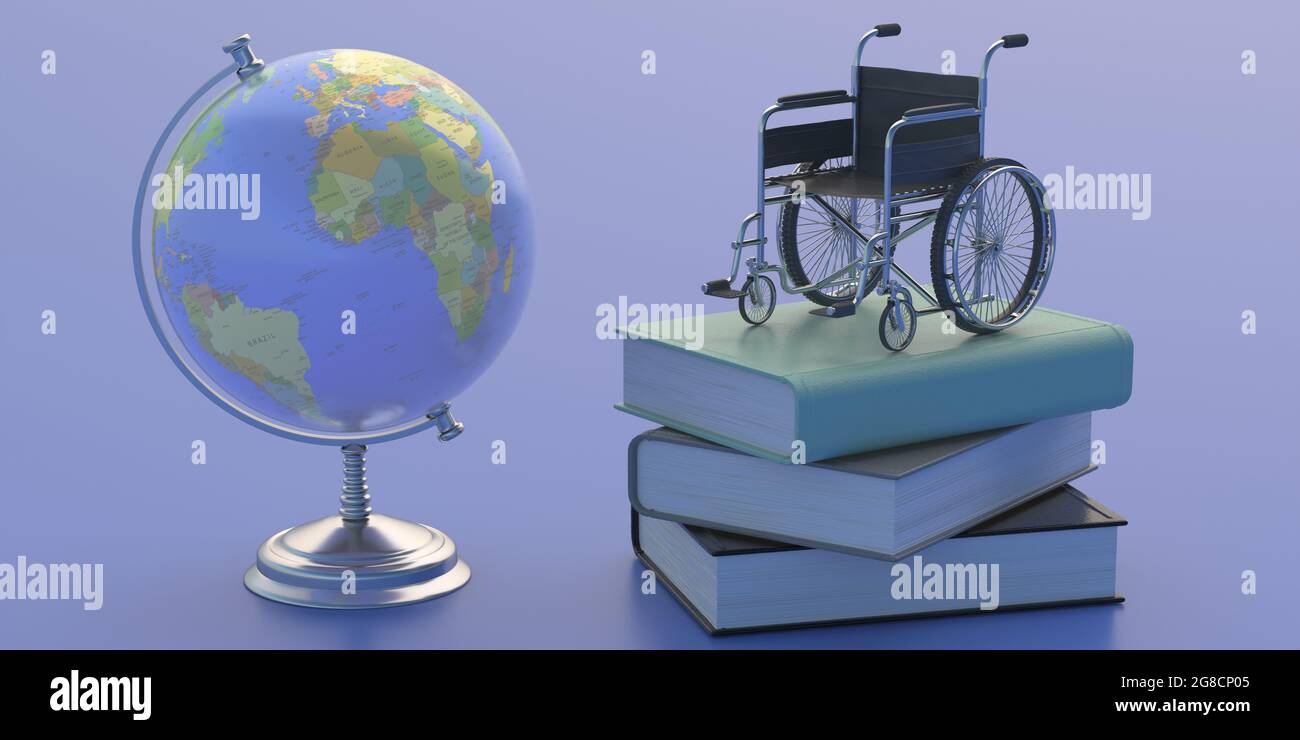 Schulkugel Erde und Rollstuhl auf Büchern, grauer Hintergrund. Medizinische Geräte, Bildungszugang für behinderte Studenten Konzept. 3d-Grafik Stockfoto