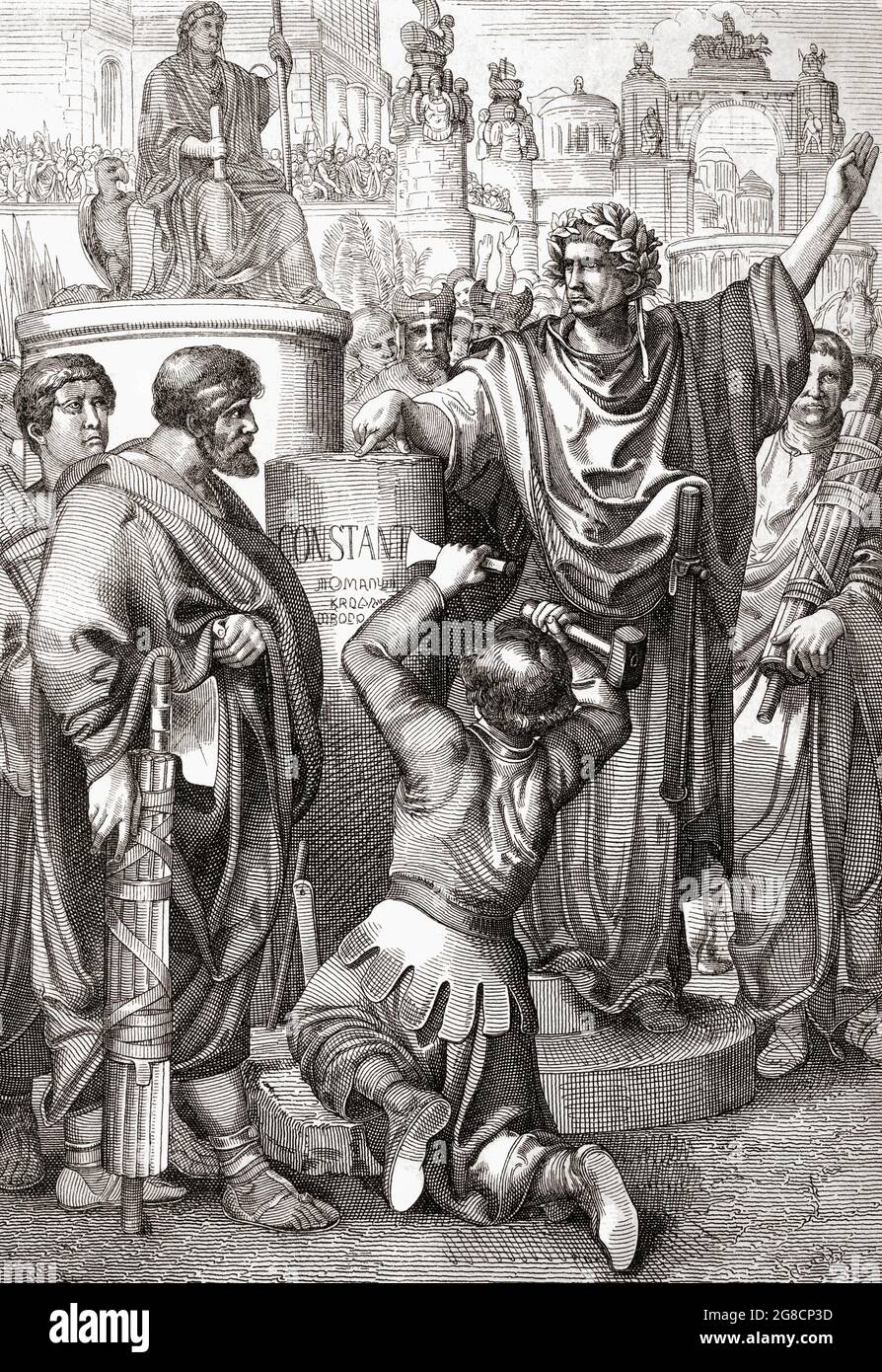 Konstantin I., bekannt als der große, ca. 272 - 337, römischer Kaiser, wählt Byzanz als seine Hauptstadt im Osten und wird ihm 330 als Konstantinopel gewidmet. Nach einem Werk von Peter Geiger aus dem 19. Jahrhundert. Stockfoto