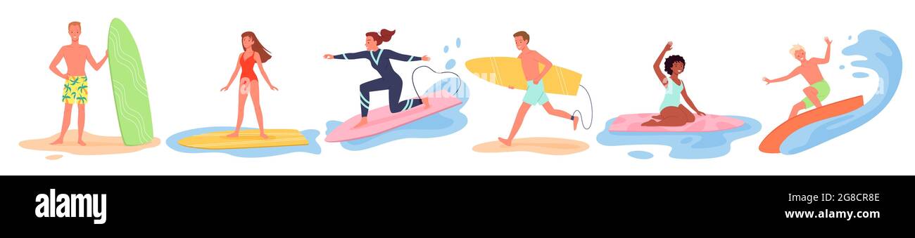 Sommer Surfen am Strand Sport Aktivität eingestellt, junge Surfer surfen auf Meer oder Wellen Stock Vektor