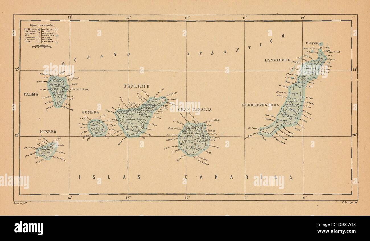 ISLAS CANARIAS. Teneriffa Palma Gran Canaria Fuerteventura Lanzarote 1914 Karte Stockfoto