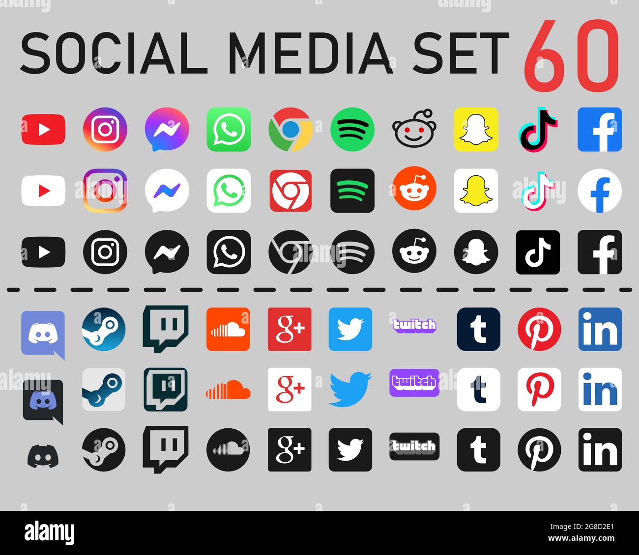 Soziale Medien mit 60 Symbolen. Stock Vektor