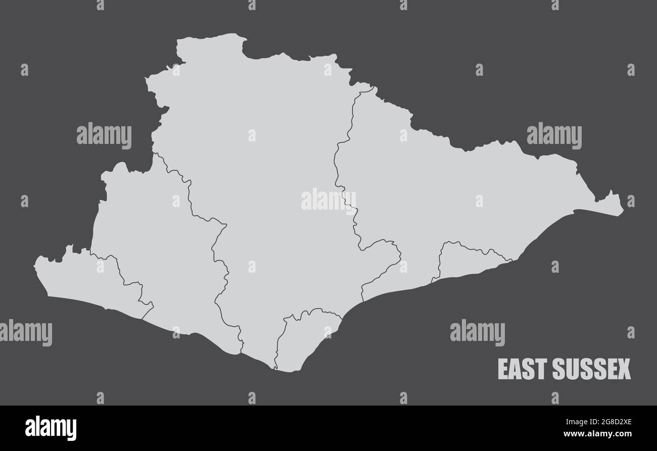 Verwaltungskarte des Bezirks East Sussex auf dunklem Hintergrund isoliert, England Stock Vektor