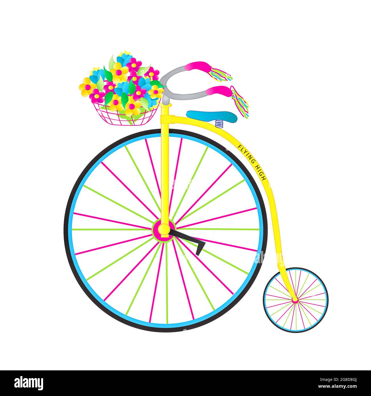 Großer Vintage in den heutigen Farben High-Wheeler Bike auch bekannt als Pan-Farthing isoliert auf weißem und einem anderen auf schwarzem Hintergrund Stockfoto