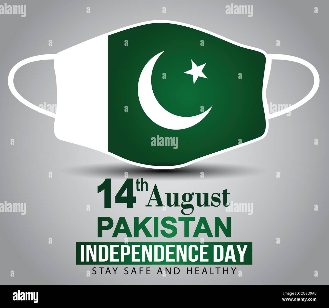 Alles gute zum Unabhängigkeitstag pakistan. Pakistanische Flagge mit medizinischer Maske, Verwendung zum Drucken. Cvid19, Corona-Virus-Konzept. Stock Vektor