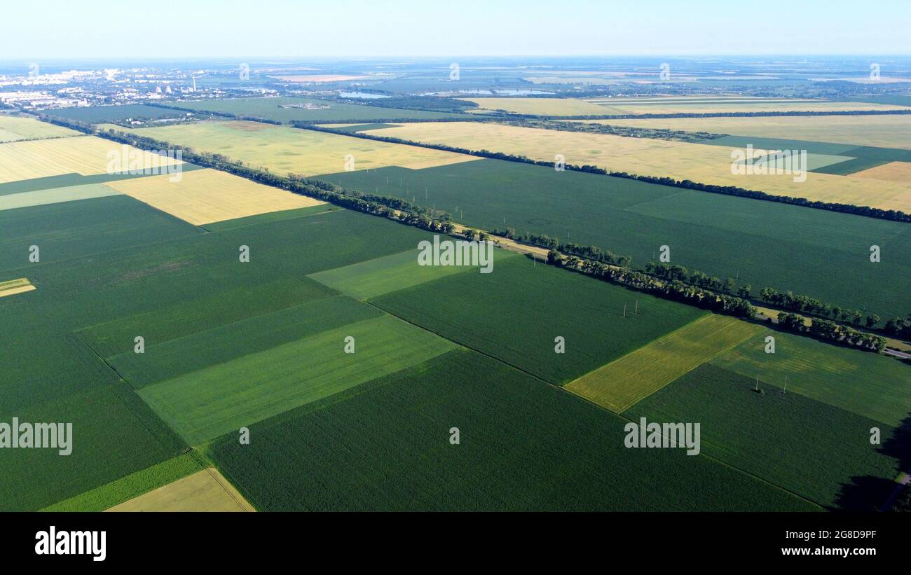 Luftdrohnenflug über verschiedene landwirtschaftliche Felder gesät Stockfoto