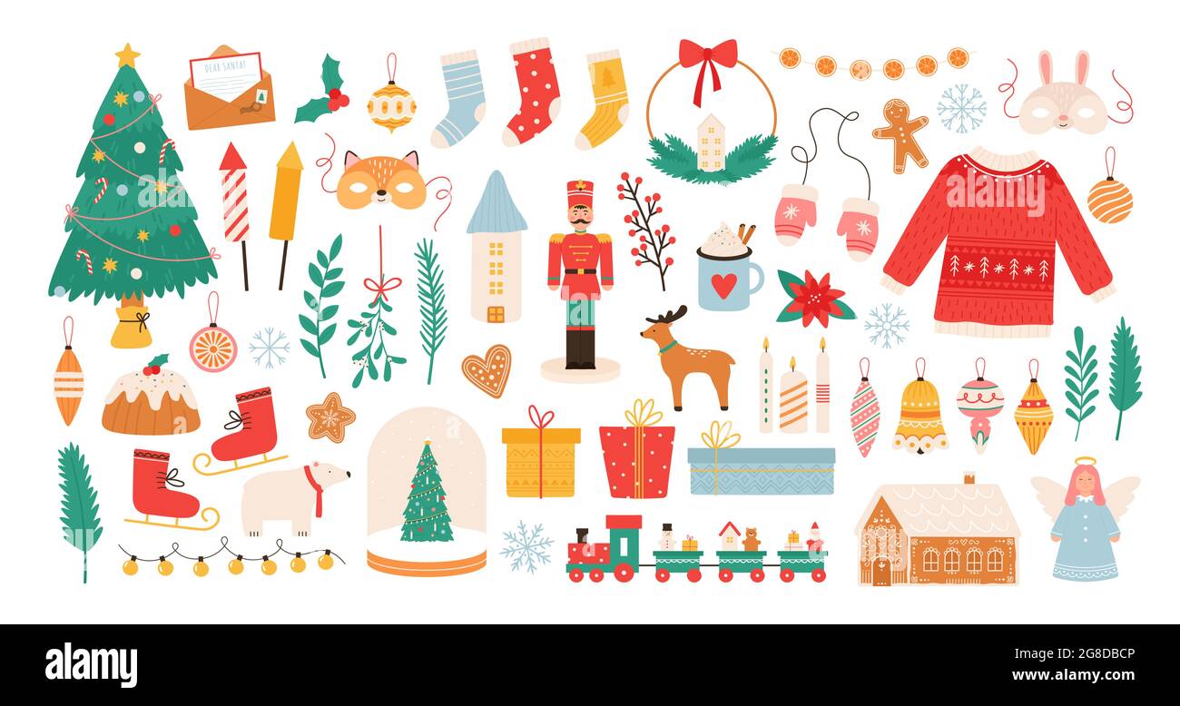 Weihnachtssticker. Weihnachtsschmuck, Weihnachtsbaum, Geschenkschachteln, Kugeln, Masken, Kerzen und Lebkuchenmann. Flaches Vektorset für Neujahr Stock Vektor