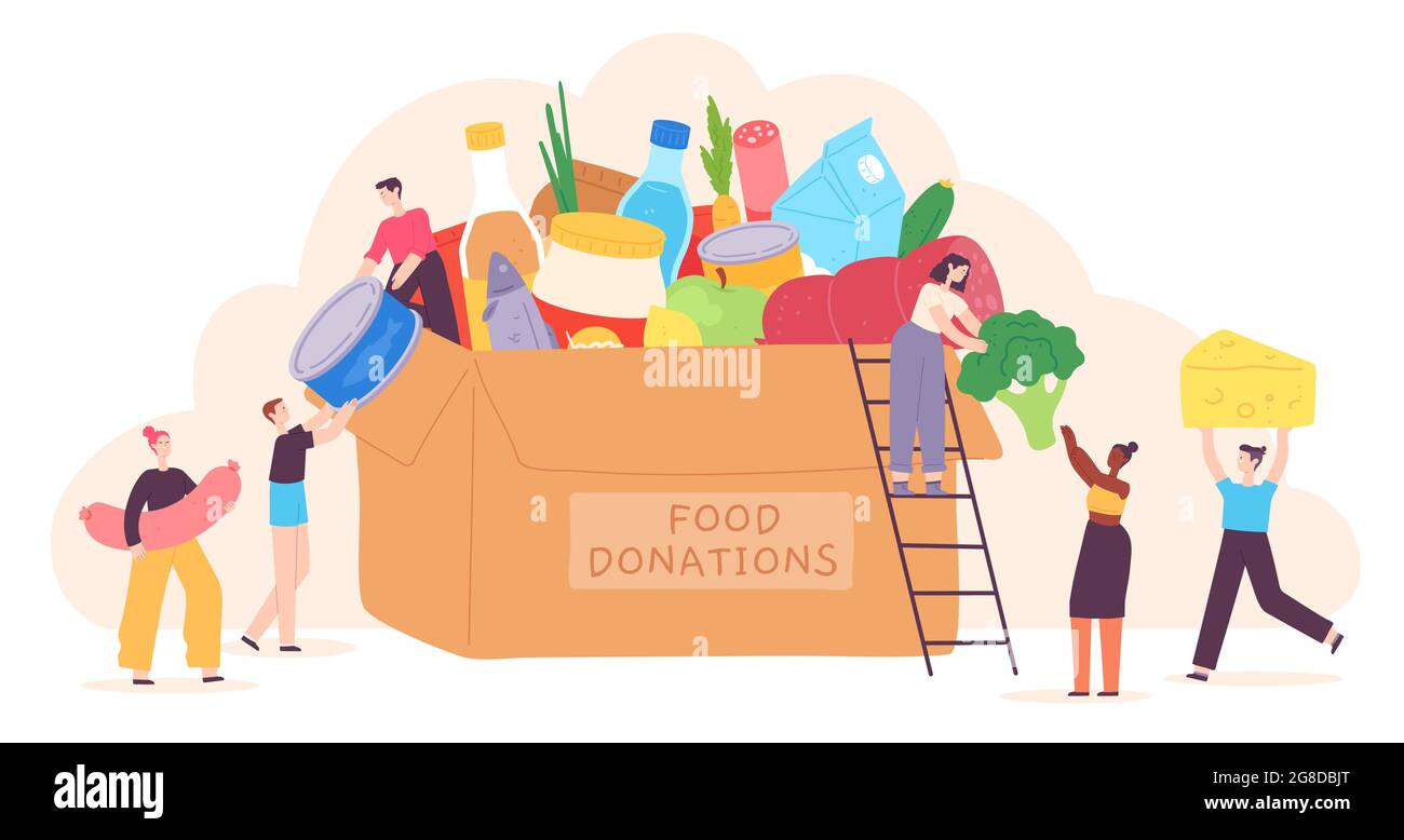 Menschen spenden Lebensmittel. Kleine Charaktere legen Lebensmittelprodukte in eine Wohltätigkeitskiste. Ehrenamtliche Gemeinschaftshilfe für Arme. Vektorkonzept „Holiday Food Drive“ Stock Vektor
