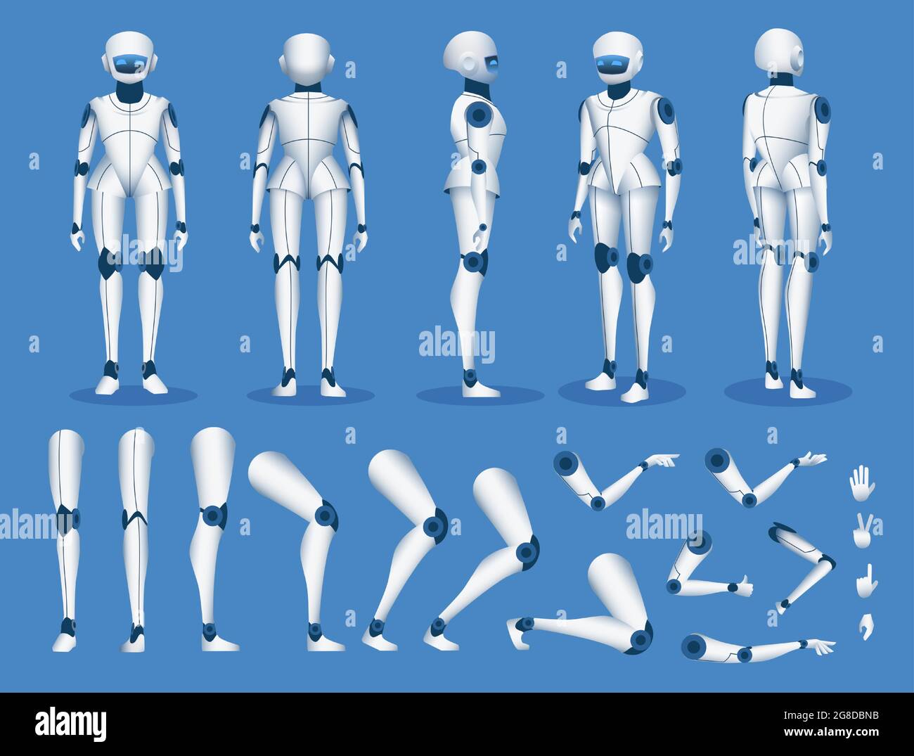 Roboter android-Charakter. Futuristische Cyborg künstliche Intelligenz Maskottchen posiert für Animation. Humanoider Konstruktor-Element-Vektorsatz für Roboter Stock Vektor