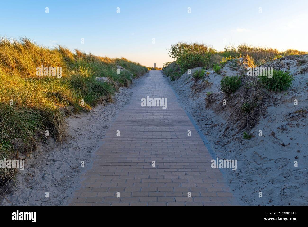 Sanddünen-Wanderweg entlang der Nordseeküste mit Wolkenkratzer in der Ferne, Oostende (Ostende), Belgien. Stockfoto