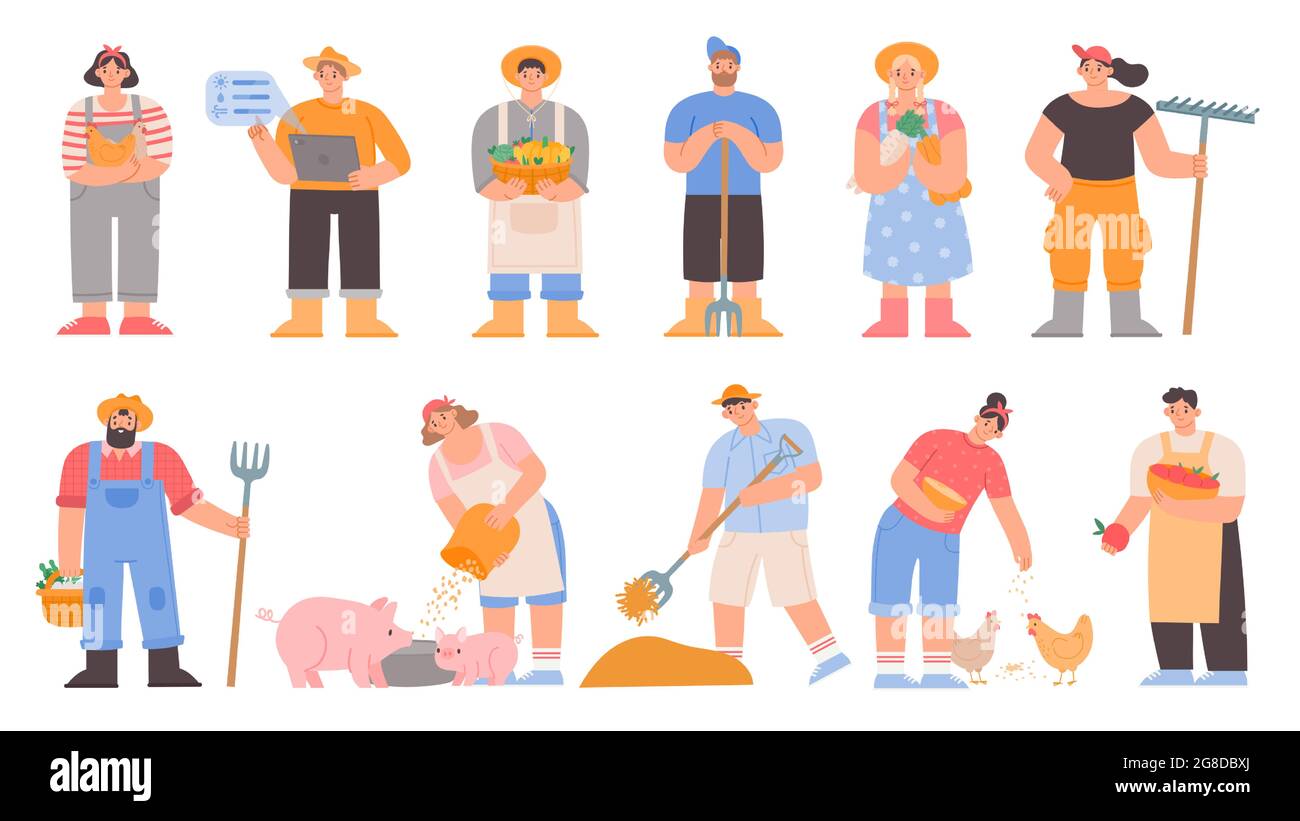 Cartoon-Bauern. Landwirtschaftliche Arbeiter halten Gemüse und landwirtschaftliche Werkzeuge, füttern Schweine und Hühner, trockenes Heu. Vektorsatz für Garten- oder Farmcharakter Stock Vektor