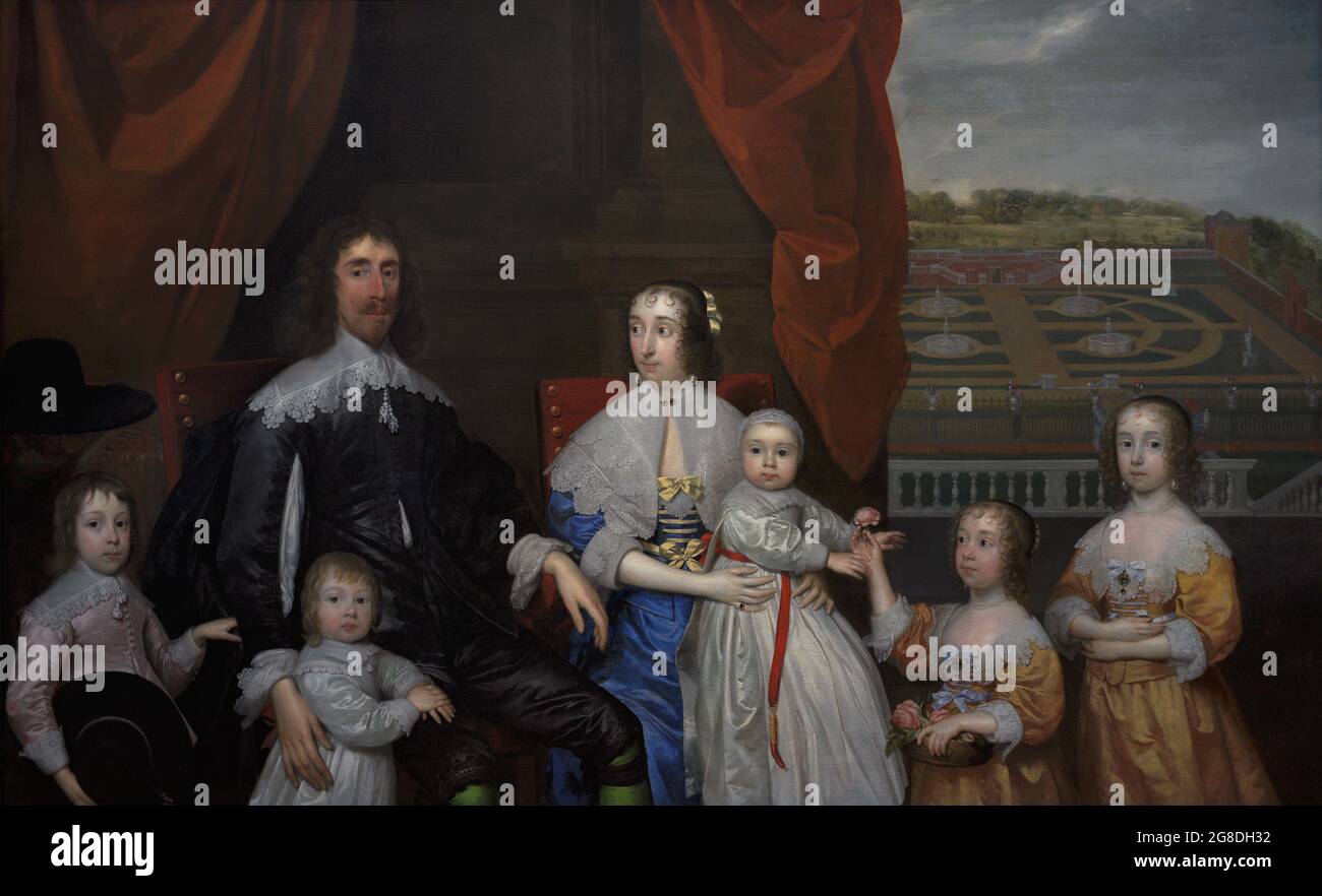 Die Capel-Familie. Arthur Capel (1604-1649), 1. Baron Capel von Hadham, seine Frau Elizabeth Morrison (gest.1661), Henry Capel (1638-1696) auf dem Schoß seiner Mutter. Stehend, von links nach rechts: Arthur Capel (1632-1683), Charles Capel (gest.1657), Elizabeth Capel (1633-1678) und Mary Capel (1630-1715). Porträt von Cornelius Johnson (1593-1661). Öl auf Leinwand (160 x 259,1 cm), ca. 1640. National Portrait Gallery. London, England, Vereinigtes Königreich. Stockfoto