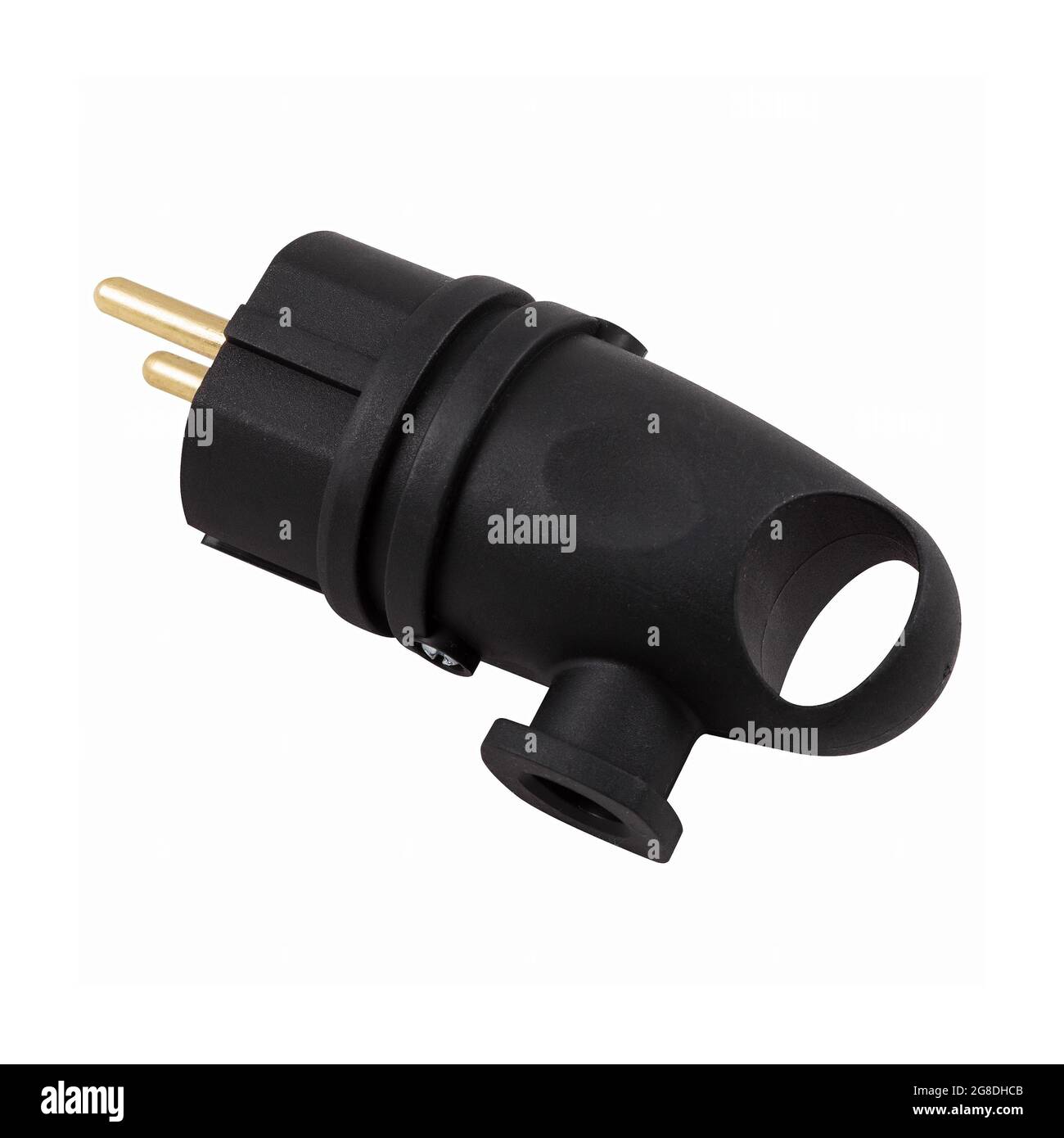 Hoher Schutz schwarz Farbe europäischen Straße elektrischen Stecker isoliert auf weißem Hintergrund Stockfoto