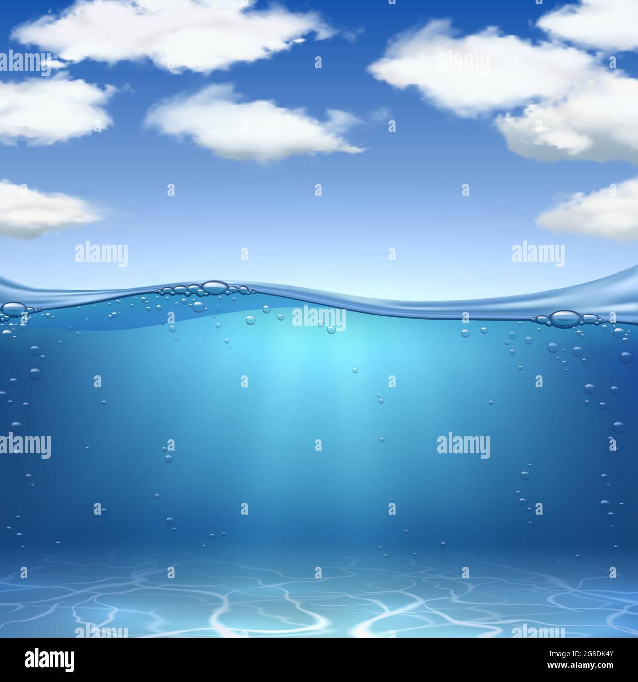 Meereswellen und Boden. Realistischer Ozeanunterwasser-Sand, Wasser mit Luftblasen und blauer Himmel mit Wolken. Meereslandschaft Vektorhintergrund Stock Vektor