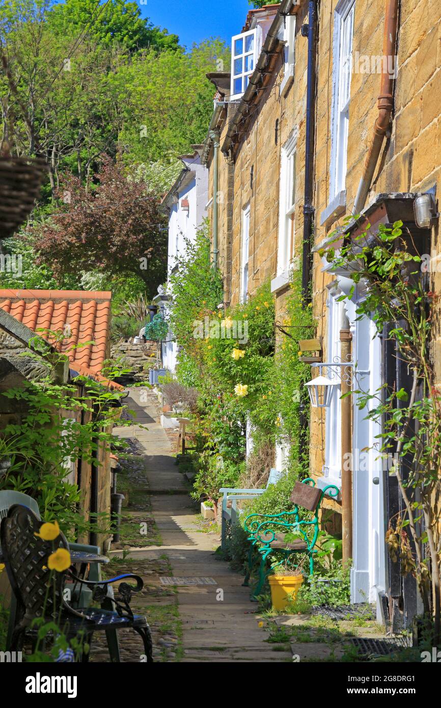 Ferienhäuser in Robin Hoods Bay, North Yorkshire, North Yorks Moors National Park, England, Großbritannien. Stockfoto
