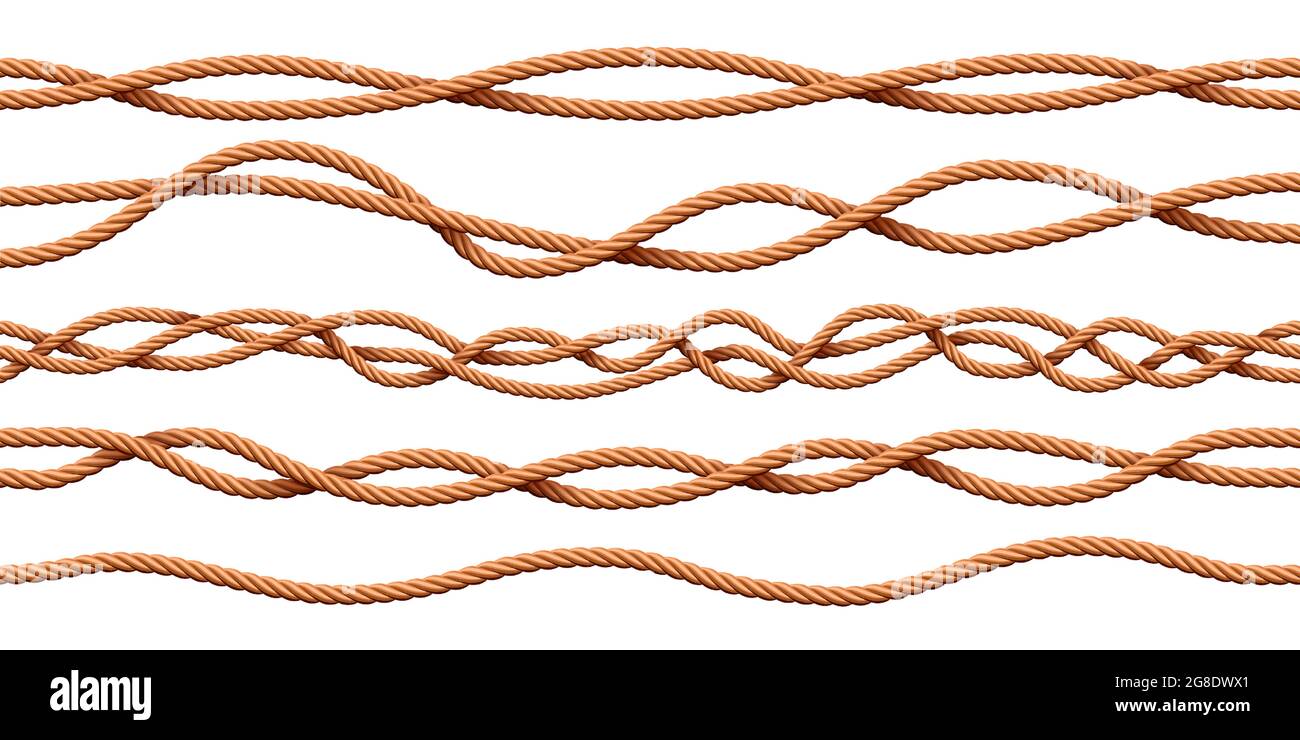 Kabelseile. Realistische Cartoon Seemann verdrehte Kordelbürsten. Gekrümmte nautische Garntrenner aus Jute. Dekorative Faden Vektor Hintergrund Muster Stock Vektor