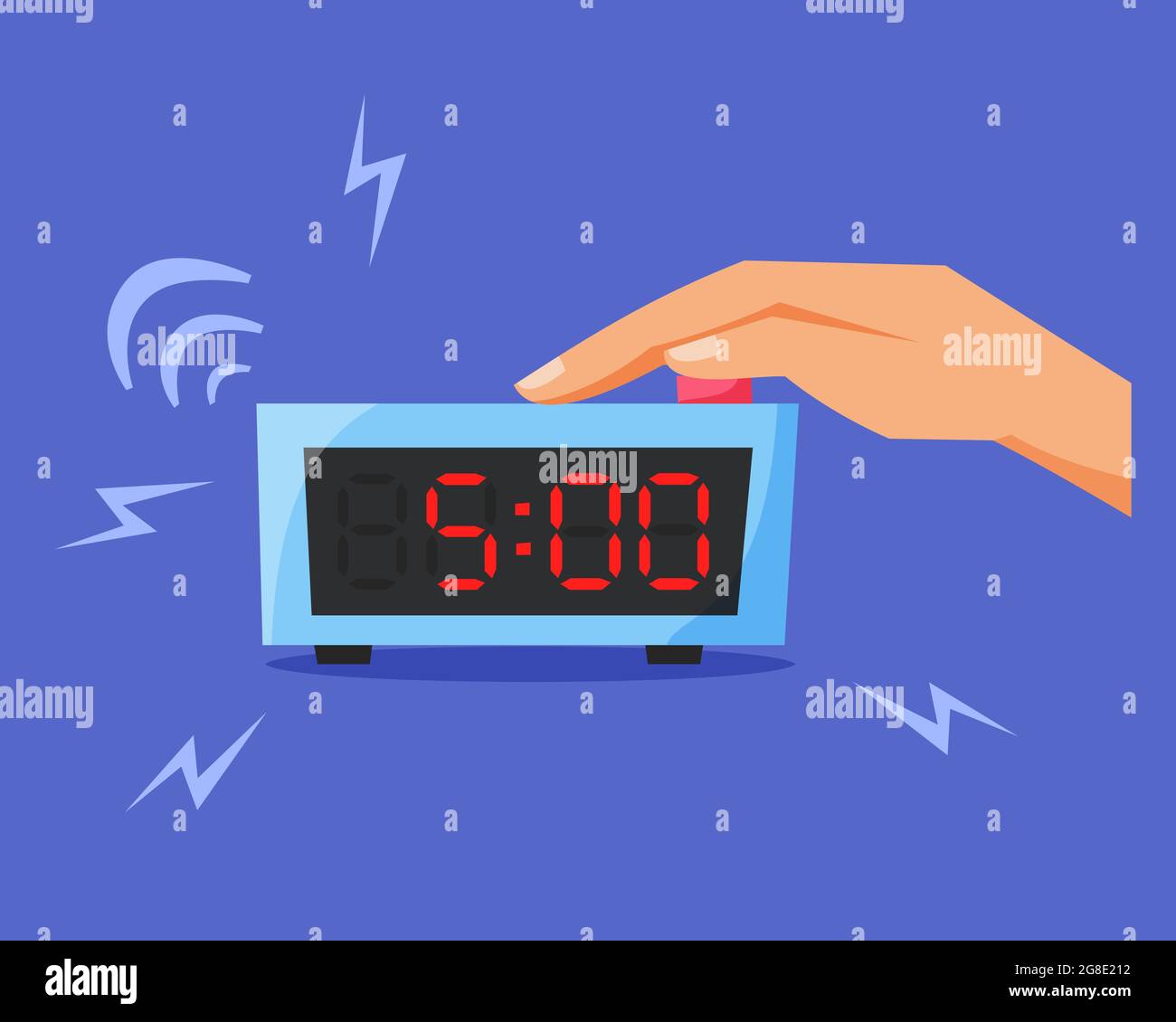 Schalten Sie den klingelnden Wecker aus, drücken Sie die Taste auf der elektronischen Uhr, Konzept am frühen Morgen, frühes Aufwachen, flache Vektorgrafik Stock Vektor