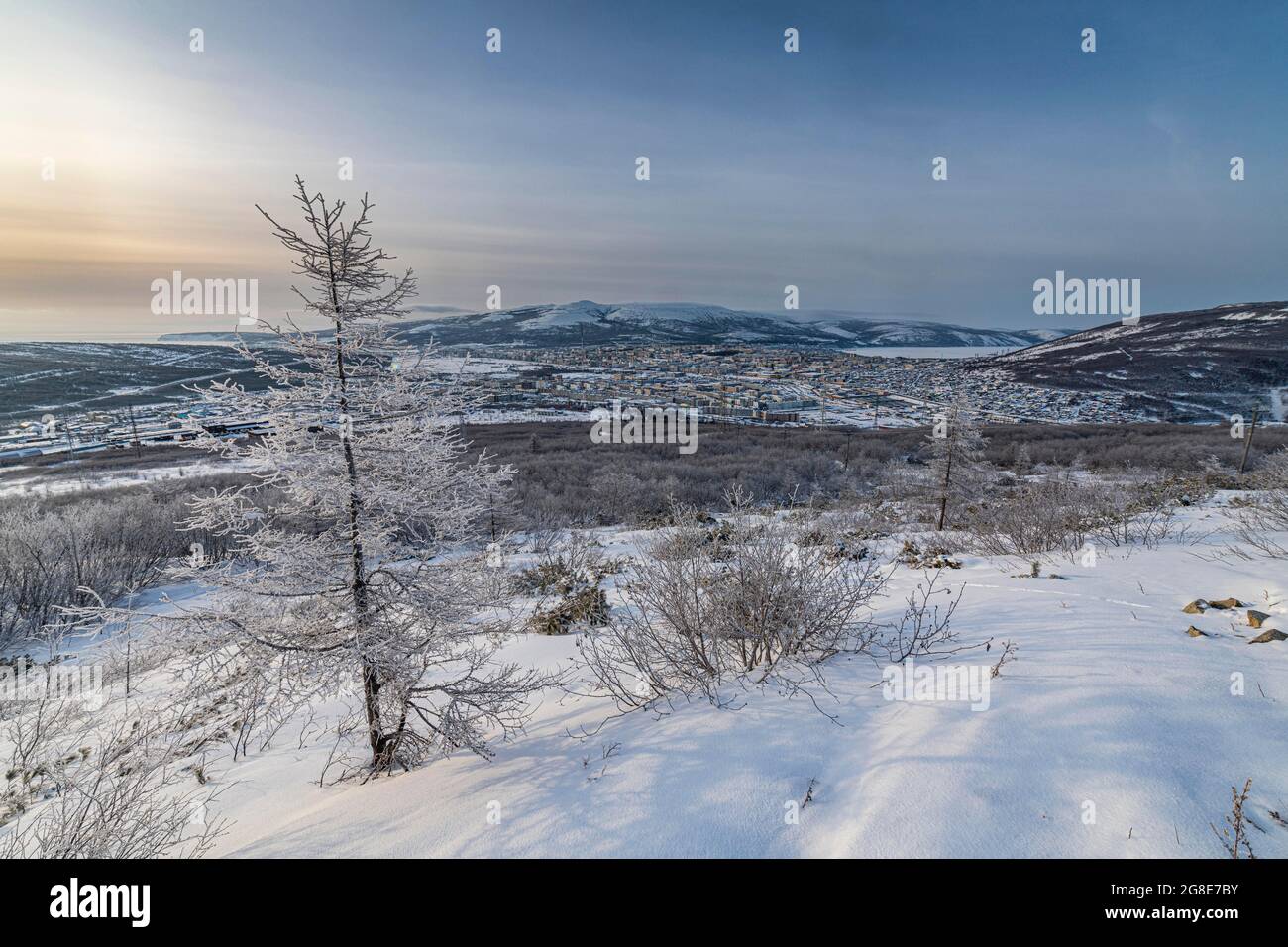 Blick über Magadan, Magadan Oblast, Russland Stockfoto