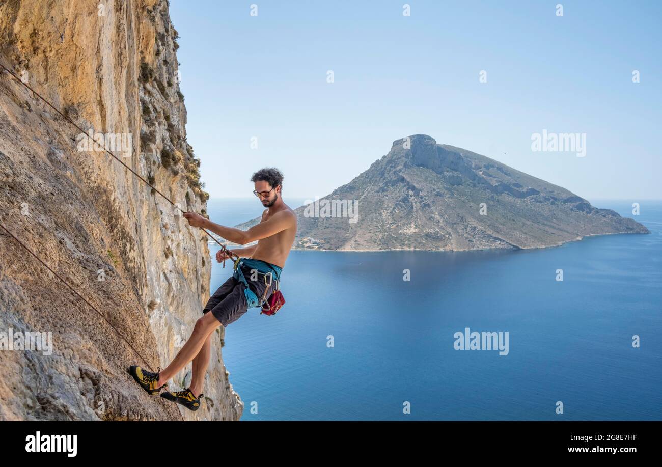 Armeos Sektor, Felsklettern, Bleiklettern, Sportklettern, Insel Telendos, Kalymnos, Dodekanes, Griechenland Stockfoto