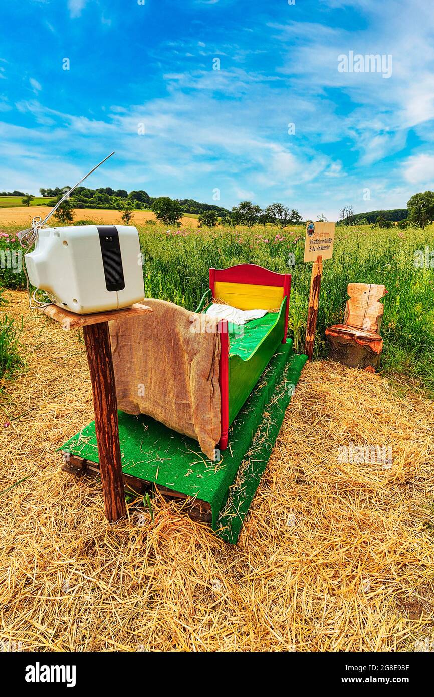 Buntes Holzbett auf Stroh im Feld, alter Fernseher mit Antenne, Germerode, Meissner, Geo-Naturpark Frau-Holle-Land, Hessen, Deutschland Stockfoto