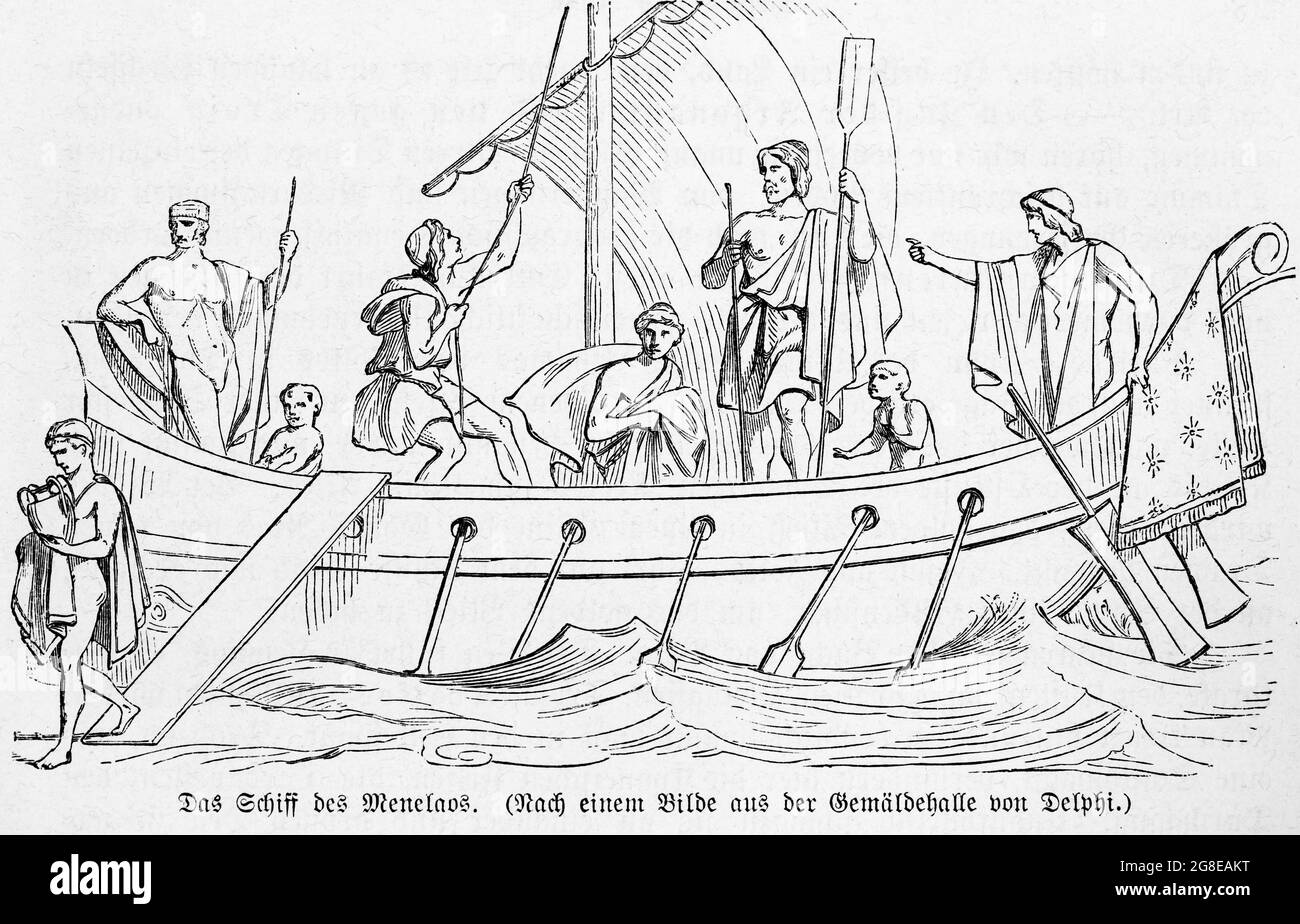 Schiff von Menelaus, König von Sparta, historische Illustration Stockfoto