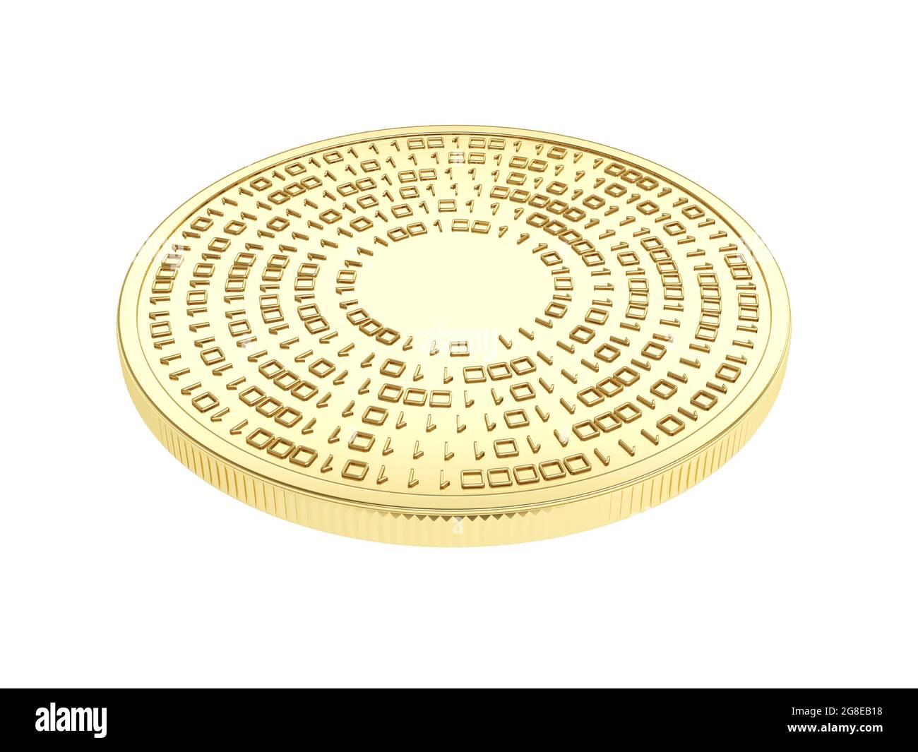 Kryptowährung. Goldmünze isoliert auf weißem Hintergrund. Digitales Währungskonzept. 3d-Illustration. Binär. Stockfoto