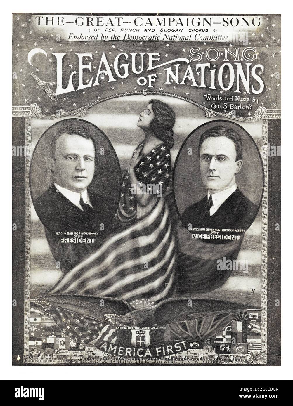 League of Nations Song, extrem seltene Notenblätter für die Demokraten James Cox und Franklin Roosevelt im Präsidentschaftswahlkampf 1920 mit Porträts Stockfoto