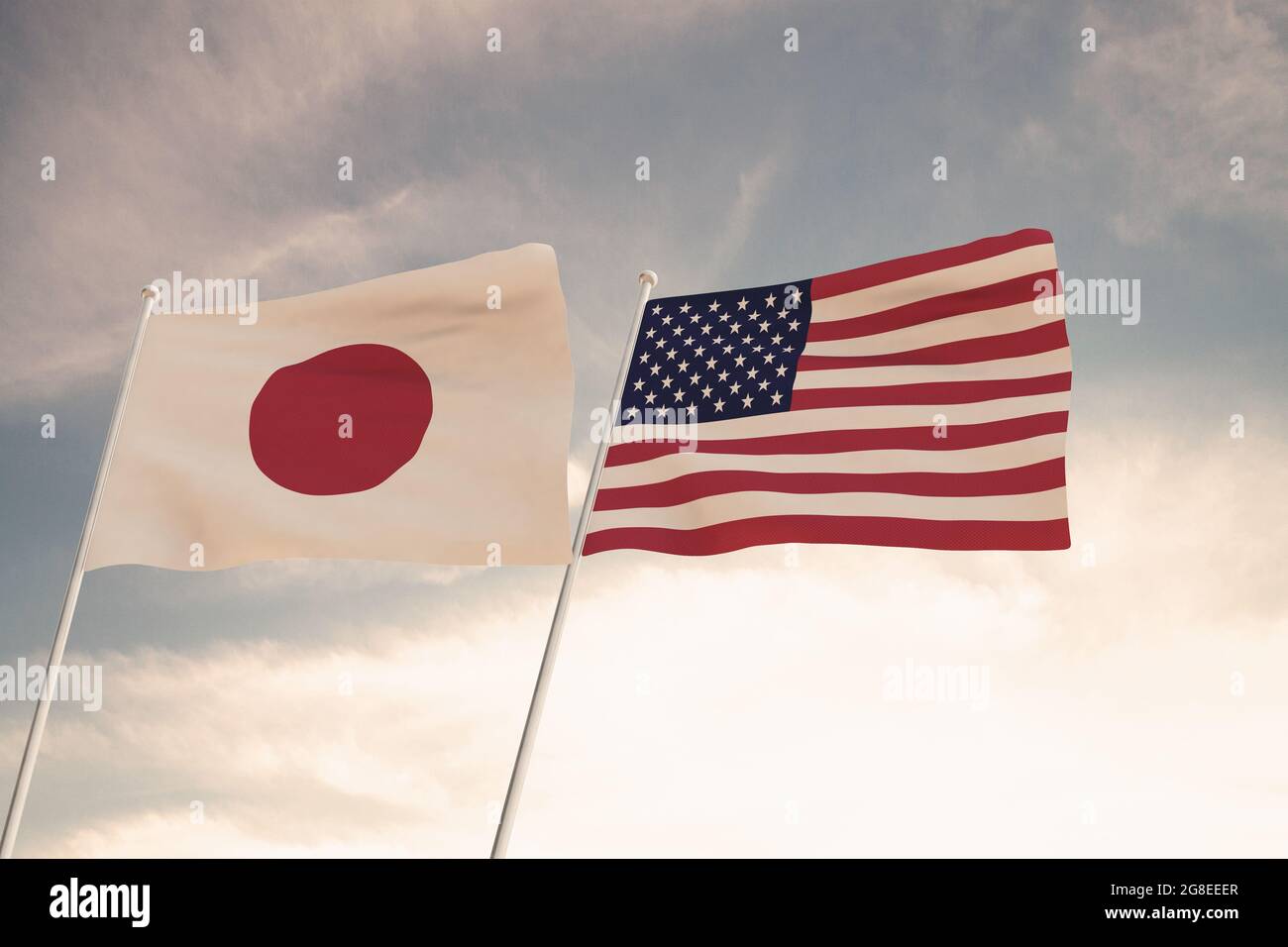 Flaggen von Japan und den USA winken mit blauem Himmel Hintergrund, 3D-Wiedergabe der Vereinigten Staaten von Amerika, der Kommunistischen Partei Chinas (KPCh). Stockfoto